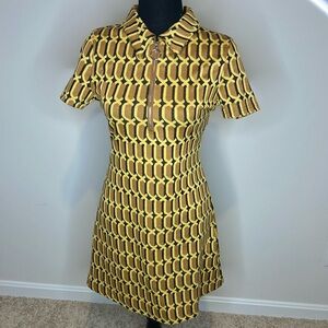 Retro Yellow Geometric Short Sleeve Dress